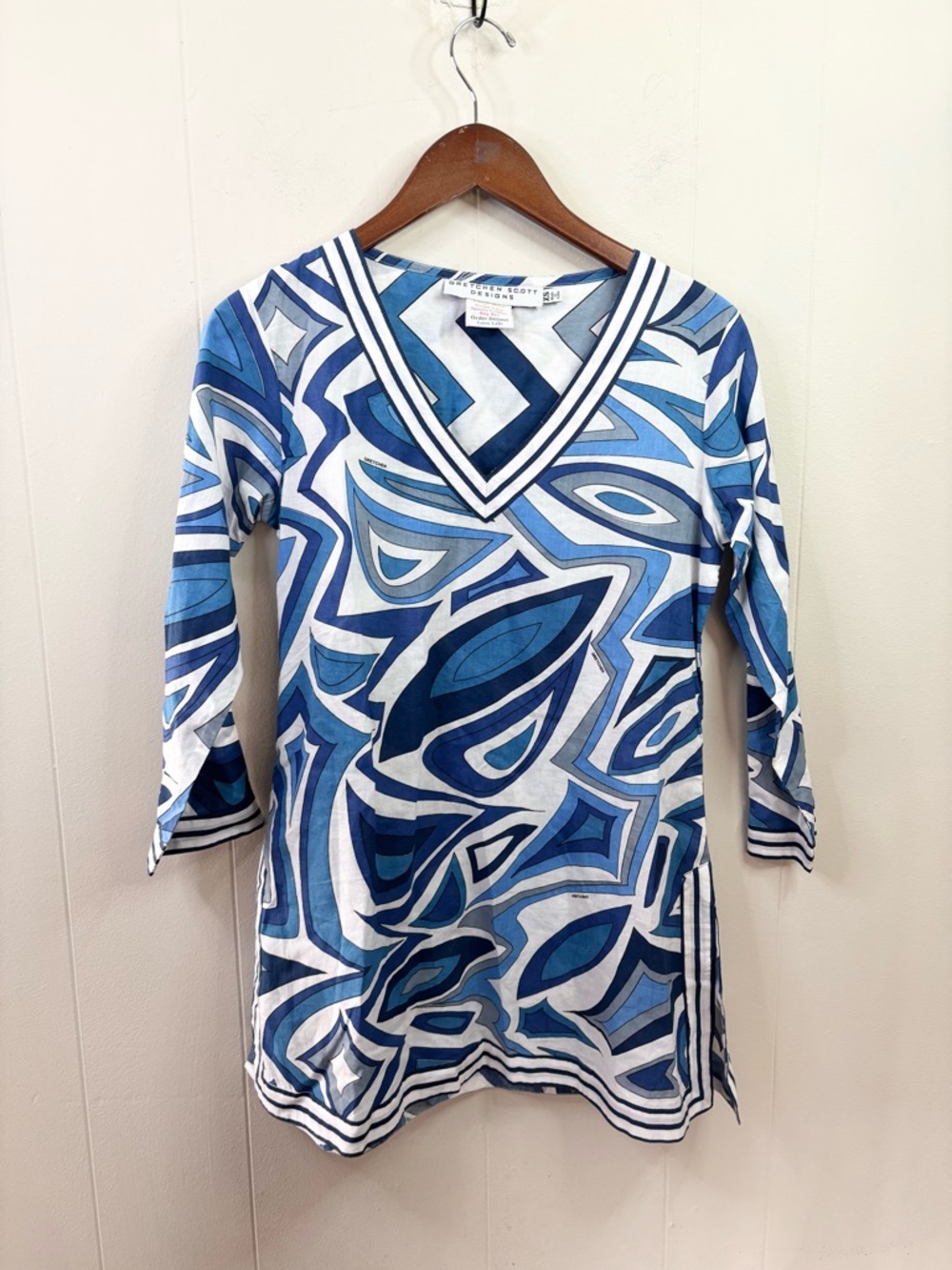 Gretchen Scott Designs tunic "Bits N Pieces" 100% cotton blue abstract print XS
